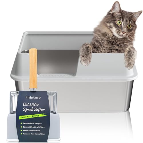 Katzenklo edelstahl xxl, Stainless steel litter box, Katzentoilette offene mit metall schaufel, Cat litter box hohem rand, Katzentoilette edelstahl, Katzenklo groß leicht zu reinigen-Grau kratzfest von Fhintory