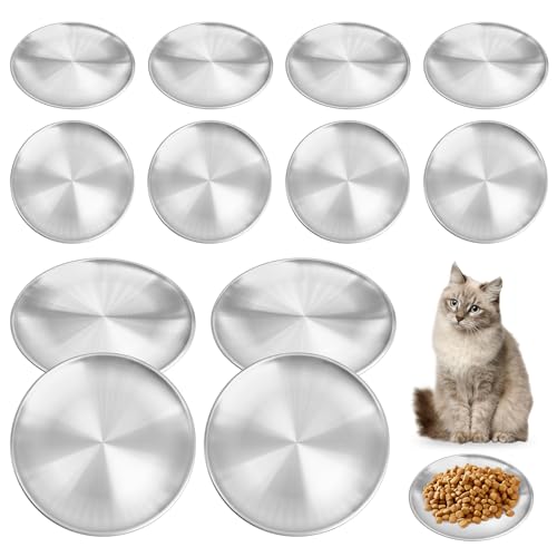 Fhiny 12-teiliges Edelstahl-Katzennapf-Set, 17 cm, breiter Schnurrhaar-freundlicher Katzennapf, flacher Futternapf, Ersatz für kleine Haustiere, Metall, flacher Katzennapf für streunende Katzen, Hunde von Fhiny