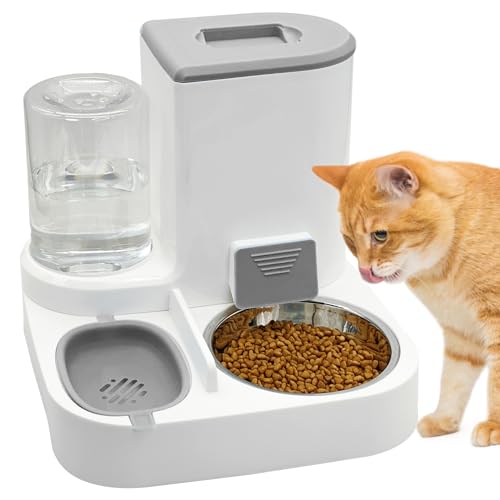 Fhiny Gravity Katzen-Futterspender und Wasserspender, 2-in-1 automatischer Haustier-Wassertränke, abnehmbare Edelstahl-Futternäpfe Set, Haustierfutteraufbewahrung für kleine Hunde, Welpen, Katzen, von Fhiny