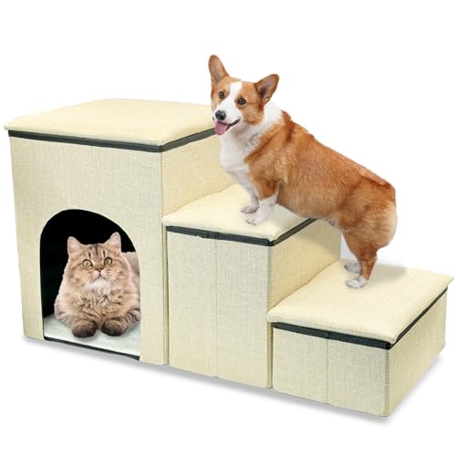 Fhiny Hundetreppe mit Stauraum, 3-stufige faltbare Haustiertreppe für kleine Hunde, rutschfeste Welpentreppe mit Höhenhaus für Hochbett & Couch, Hunderampe für alte Hunde und Katzen, hält bis zu 72,6 von Fhiny