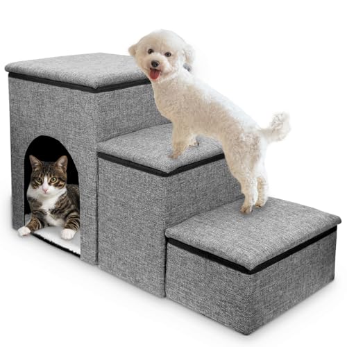Fhiny Hundetreppe mit Stauraum, 3-stufige faltbare Haustiertreppe für kleine Hunde, rutschfeste Welpentreppe mit Höhensitz für Hochbett & Couch, Hunderampe für alte Hunde und Katzen, hält bis zu 72,6 von Fhiny