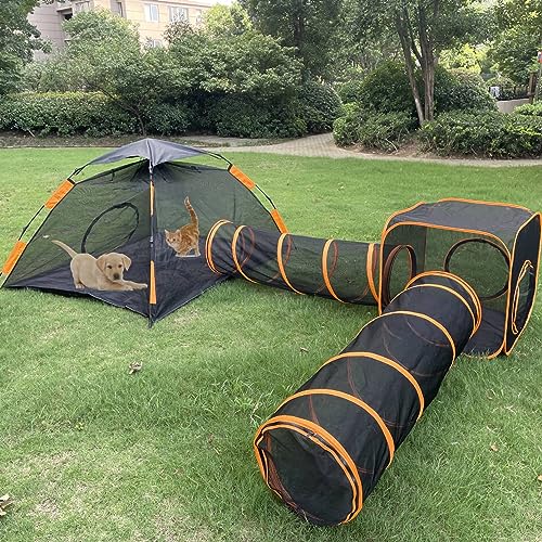 Fhiny Outdoor Katzengehege, 4-in-1-Katzenzelt mit Tunnel für Haustiere im Freien, DIY auf mehrere Arten, Netz, Kätzchen, Laufstall, zusammenklappbar, zusammengesetzt, Haustier-Spielhaus für draußen, von Fhiny