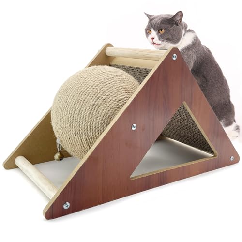 Fhiny Katzenkratzspielzeug mit Sisalball, 2-in-1 Seilball mit Glocke & Karton Katzen Kratzen Interaktives Massivholz Langlebig Kratzen für Indoor Kitties Verschleißfeste Möbelbedarf von Fhiny