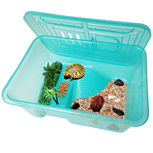 Fhiny Schildkrötenbecken mit Deckel, Kunststoff-Reptilien-Terrarium, Schildkrötenzuchtbox mit Sonnenplattform, Schildkröten-Aquarium für Krebse, Einsiedlerkrebse, Geckos, Eidechsen, Lebensraum von Fhiny