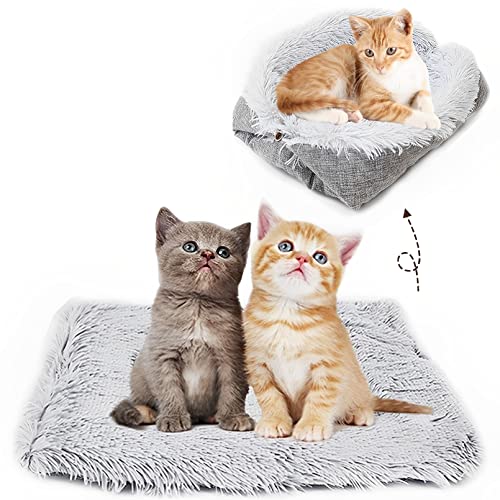 Fhiny Selbstwärmende Katzenbett-Matte, pelzige Katzenunterlage für Innenkatzen, 2 in 1, maschinenwaschbar, weicher Plüsch, Herbst, Winter, Thermo-Haustierbett, Schlummerschlafen, Welpen, Kaninchen von Fhiny