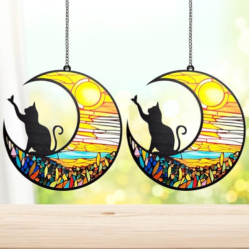 Fhiny Gedenk-Sonnenfänger für Katzen, Gedenkgeschenk für Katzenliebhaber, Beileidsgeschenk, Kätzchen auf Mond, Erinnerungsgeschenk, hängende Fensterdekoration für Haustiere, Weihnachten, Halloween, von Fhiny