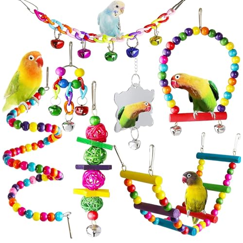 Fhioevt 7 Stück Vogelspielzeug Papageienspielzeug Vogel Spielzeug Glocke Holzleiter Vogelschaukel Bunte Wellensittiche Spielzeug Kauspielzeug für Nymphensittiche Sittiche Vogelkäfig Zubehör von Fhioevt