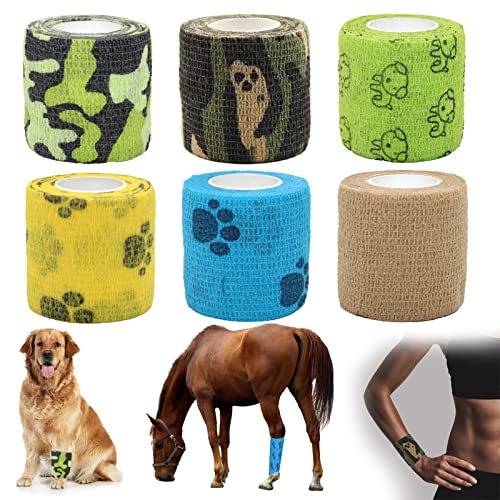 Fhuadz Selbstklebender Verband, 6 Pcs Selbsthaftende Bandage, Bandage Verband, Klebeverband Selbstklebend für Hund Pferd Haustier Wrap Klebeverband für Handgelenk KnöChel Finger(Mehrfarbig 5cm X4,5m) von Fhuadz