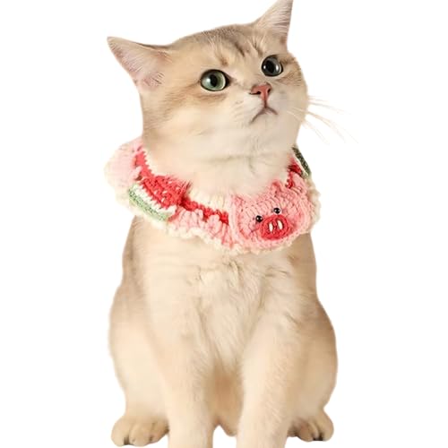 Ficsowy Handgefertigtes gestricktes Katzenhalsband, weich und niedlich, Rosa mit Cartoon-Muster, für Katzen und Kätzchen (M, Rosa) von Ficsowy