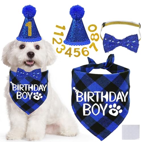 Ficsowy Hunde-Halstuch-Set, Geburtstags-Outfits, Geburtstags-Outfits, Bandana, Schal, Lätzchen, Bandana, Hut, Fliege, Blau von Ficsowy