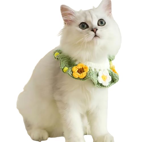 Ficsowy Katzenhalsband, handgewebt, gestrickt mit Blumen- und Schmetterlingsmuster, Wolle, gestrickt, weich, niedlich, bequem, für Katzen, Kätzchen (S, Grün) von Ficsowy