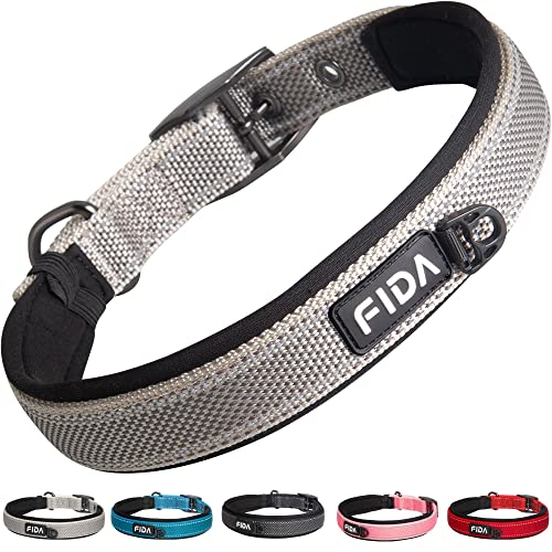 Fida Gepolstertes Hundehalsband, Metall-Gürtelschnalle, Hundehalsband mit doppellagigem Gurtband, strapazierfähiges Hundehalsband für große Hunde, Grau von Fida