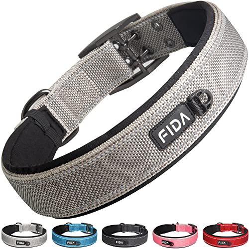 Fida Robustes Hundehalsband, 3,8 cm breit, ultraweich mit Neopren gepolstert, verstellbares, reflektierendes Nylon-Haustierhalsband mit zwei Metall-Dorn-Gürtelschnalle für große/XL große Rassen (XL, Grau) von Fida