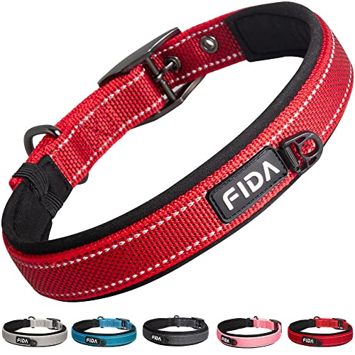 Fida Strapazierfähiges Hundehalsband, ultra-bequem, weiches Neopren gepolstert, verstellbares reflektierendes Nylon-Haustierhalsband mit robuster Metall-Gürtelschnalle für kleine Rassen (S, Rot) von Fida
