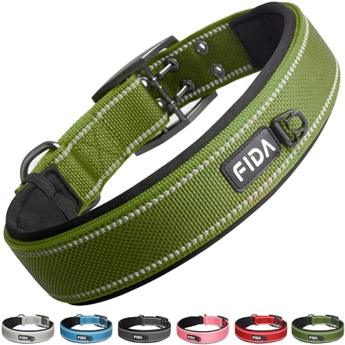 Fida Strapazierfähiges Hundehalsband für große Hunde, sehr bequem, weiches Neopren, gepolstert, verstellbar, reflektierendes Nylon, mit robuster Metall-Gürtelschnalle für extra große Rassen (XL, Grün) von Fida