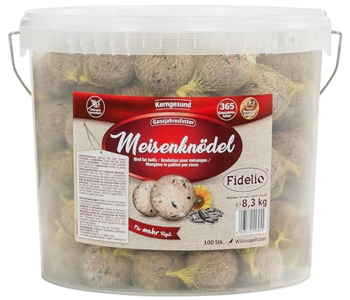 Fidelio Meisenknödel mit Netz, ganzjähriges Wildvogelfutter proteinreich / energiereich, hochwertiges Vogelfutter für Wildvögel, 100 Stück im Eimer, 8.3 kg von Fidelio