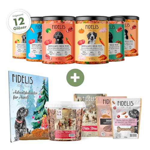 FIDELIS Advents-Bundle - 12 x Frische Menüs im Glas - 1 x XL-Adventskalender für Hunde - 1 x 1kg-Eimer Weihnachtssterne Huhn - 1 x 100g Weihnachtssterne Pute - 2 x 100g Leckerlis - ohne Zusätze von Fidelis