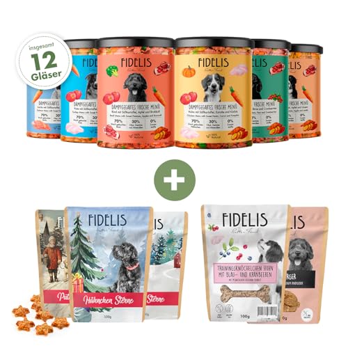 FIDELIS Advents-Bundle - 12 x Frische Menüs im Glas - 3 x 100g Weihnachtssterne Huhn, Pute und Gans - 2 x Leckerlis (Huhn mit Blau- und Kranbeeren und Rind) - frische Rohstoffe - ohne Zusätze von Fidelis