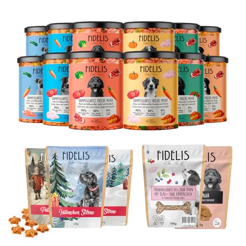 FIDELIS Advents-Bundle - 12 x Frische Menüs im Glas - 3 x 100g Weihnachtssterne Huhn, Pute und Gans - 2 x Leckerlis (Huhn mit Blau- und Kranbeeren und Rind) - frische Rohstoffe - ohne Zusätze von Fidelis