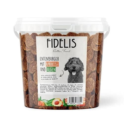 Fidelis - Entenburger Häppchen Alge & Aprikose für Hunde im praktischen 1kg-Eimer - Luftgetrocknete Hunde Leckerlis aus 100% natürlichen Rohstoffen von Fidelis