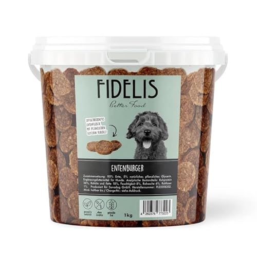 Fidelis – Entenburger für Hunde im wiederverschließbarem 1kg-Eimer - Luftgetrocknete Hunde Leckerlis aus 100% natürlichen Rohstoffen von Fidelis