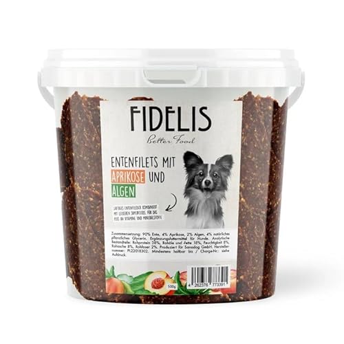 Fidelis - Entenfilets Alge & Aprikose für Hunde im praktischen 500gr-Eimer - Luftgetrocknete Hunde Leckerlis aus 100% natürlichen Rohstoffen von Fidelis