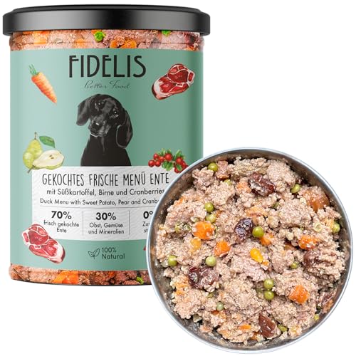 Fidelis – Gekochtes Frische-Menü für Hunde mit Ente, Süßkartoffel, Birne & Cranberries (400g Glas) – Hundefutter nass mit 70% Fleischanteil & frischen Zutaten–Nassfutter ohne Zusätze. von Fidelis