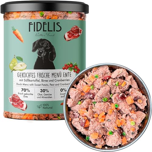 Fidelis – Gekochtes Frische-Menü Hunde mit Ente, Süßkartoffel, Birne & Cranberries (800g Glas) – Hundefutter nass mit 70% Fleischanteil & frischen Zutaten – Nassfutter ohne Zusätze & ungekühlt haltbar von Fidelis