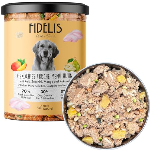 Fidelis – Gekochtes Frische-Menü Hunde mit Huhn, Reis, Zucchini & Mango (6 x 400g Glas) – Hundefutter mit 70% Fleischanteil & frischen Zutaten – Nassfutter ohne Zusätze & ungekühlt haltbar von Fidelis