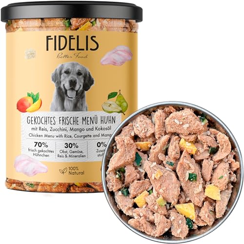 Fidelis – Gekochtes Frische-Menü Hunde mit Huhn, Reis, Zucchini & Mango (800g Glas) – Hundefutter nass mit 70% Fleischanteil & frischen Zutaten – Nassfutter ohne Zusätze & ungekühlt haltbar von Fidelis