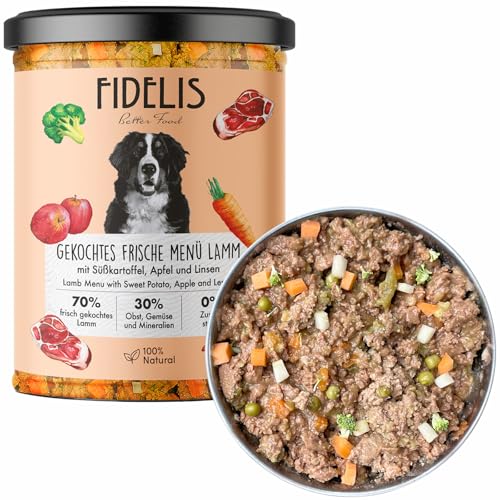 Fidelis – Gekochtes Frische-Menü Hunde mit Lamm, Süßkartoffel, Apfel & Linsen (6 x 400g Glas) – Hundefutter nass mit 70% Fleischanteil & frischen Zutaten – Nassfutter ohne Zusätze & ungekühlt haltbar von Fidelis