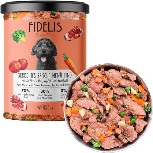 Fidelis – Gekochtes Frische-Menü Hunde mit Rind, Süßkartoffel, Apfel & Brokkoli (800g Glas) – Hundefutter nass mit 70% Fleischanteil & frischen Zutaten – Nassfutter ohne Zusätze & ungekühlt haltbar von Fidelis