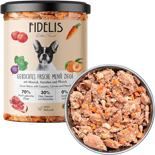 Fidelis – Gekochtes Frische-Menü für Hunde mit Ziege, Maniok, Karotten & Pfirsich (400g Glas) – Hundefutter nass mit 70% Fleischanteil & frischen Zutaten – Nassfutter ohne Zusätze & ungekühlt haltbar von Fidelis