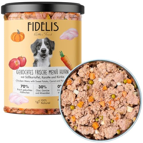 Fidelis – Gekochtes Frische-Menü für Hunde mit Huhn, Süßkartoffel, Karotte & Kürbis (800g Glas) – Hundefutter nass mit 70% Fleischanteil & frischen Zutaten – Nassfutter ohne Zusätze & ungekühlt haltb. von Fidelis