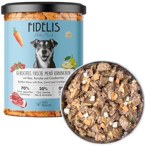 Fidelis – Gekochtes Frische-Menü für Hunde mit Kaninchen, Reis, Karotte & Cranberries (800g Glas) – Hundefutter nass mit 70% Fleischanteil & frischen Zutaten – Nassfutter ohne Zusätze von Fidelis