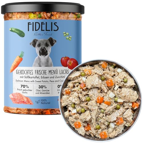 Fidelis – Gekochtes Frische-Menü für Hunde mit Lachs, Süßkartoffel, Erbsen & Zucchini (800g Glas) – Hundefutter nass mit 70% Fischanteil & frischen Zutaten – Nassfutter ohne Zusätze & ungekühlt haltb. von Fidelis