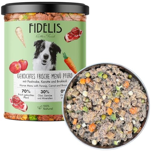 Fidelis – Gekochtes Frische-Menü für Hunde mit Pferd, Pastinake, Karotte & Brokkoli (800g Glas) – Hundefutter nass mit 70% Fleischanteil & frischen Zutaten–Nassfutter ohne Zusätze & ungekühlt haltb. von Fidelis