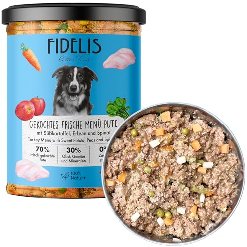 Fidelis – Gekochtes Frische-Menü für Hunde mit Pute, Süßkartoffel, Erbsen & Spinat (800g Glas) – Hundefutter nass mit 70% Fleischanteil & frischen Zutaten – Nassfutter ohne Zusätze & ungekühlt haltbar von Fidelis