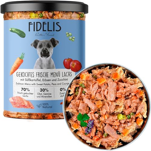 Fidelis – Gekochtes Frische-Menü mit Lachs, Süßkartoffel, Erbsen & Zucchini (6 x 400g Glas) – Hundefutter nass mit 70% Fischanteil & frischen Zutaten – Nassfutter ohne Zusätze & ungekühlt haltbar von Fidelis