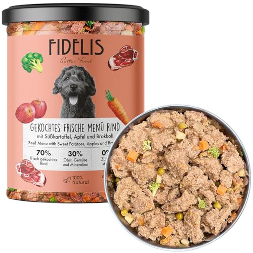 Fidelis – Gekochtes Frische-Menü für Hunde mit Rind, Süßkartoffel, Apfel & Brokkoli (6 x 400g Glas) – Hundefutter mit 70% Fleischanteil & frischen Zutaten – Nassfutter ohne Zusätze & ungekühlt haltbar von Fidelis