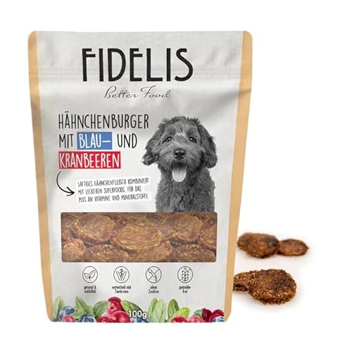 Fidelis - Hähnchenburger Häppchen Blaubeere & Kranbeere für Hunde 100gr - Luftgetrocknete Hunde Leckerlis aus 100% natürlichen Rohstoffen - Hunde Leckerli als Snack von Fidelis