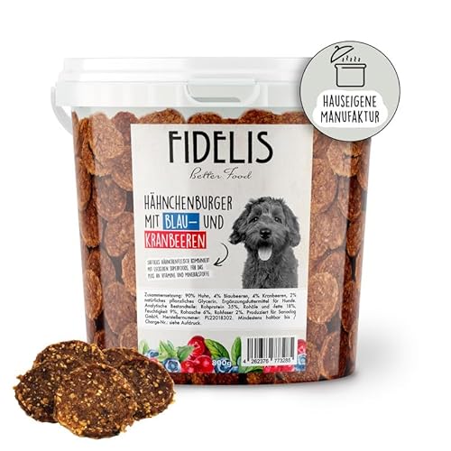 Fidelis - Hähnchenburger Häppchen Blaubeere & Kranbeere für Hunde im praktischen 800g-Eimer - Luftgetrocknete Hunde Leckerlis aus 100% natürlichen Rohstoffen von Fidelis