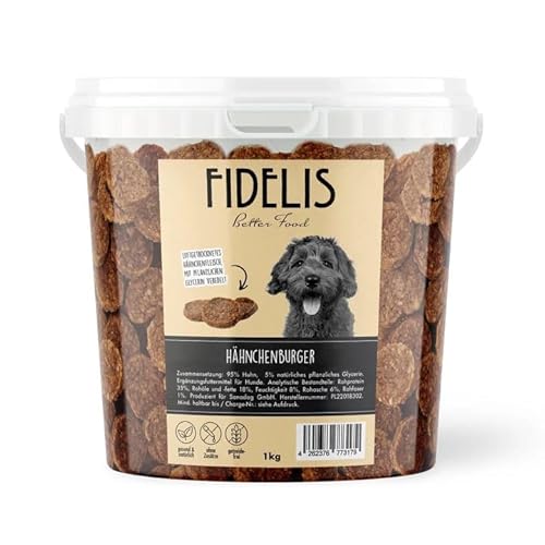 Fidelis – Hähnchenburger für Hunde im wiederverschließbarem 1kg-Eimer - Luftgetrocknete Hunde Leckerlis aus 100% natürlichen Rohstoffen von Fidelis