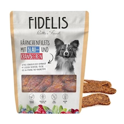 Fidelis - Hähnchenfilets Blaubeeren & Cranberries für Hunde 100gr - Luftgetrocknete Hunde Leckerlis aus 100% natürlichen Rohstoffen - Hunde Leckerli als Snack von Fidelis