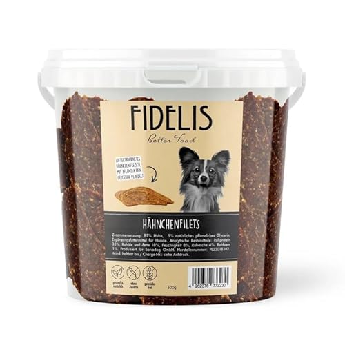 Fidelis – Hähnchenfilets für Hunde im wiederverschließbarem 500gr-Eimer - Luftgetrocknete Hunde Leckerlis aus 100% natürlichen Rohstoffen von Fidelis