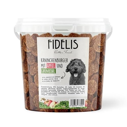 Fidelis - Kaninchenburger Apfel & Grünkohl für Hunde im praktischen 1kg-Eimer - Luftgetrocknete Hunde Leckerlis aus 100% natürlichen Rohstoffen von Fidelis