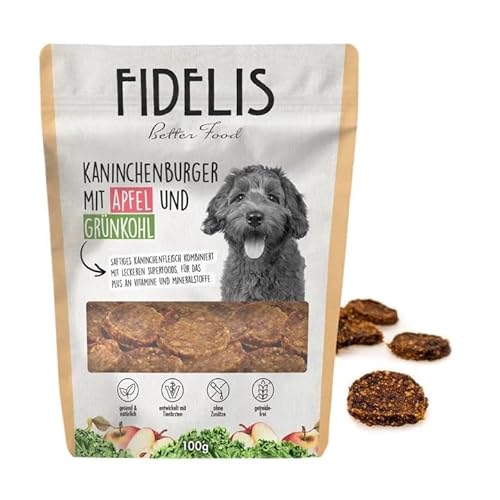 Fidelis - Kaninchenburger Häppchen Apfel & Grünkohl für Hunde 100gr - Luftgetrocknete Hunde Leckerlis aus 100% nat. Rohstoffen - Hundeleckerli als Snack von Fidelis