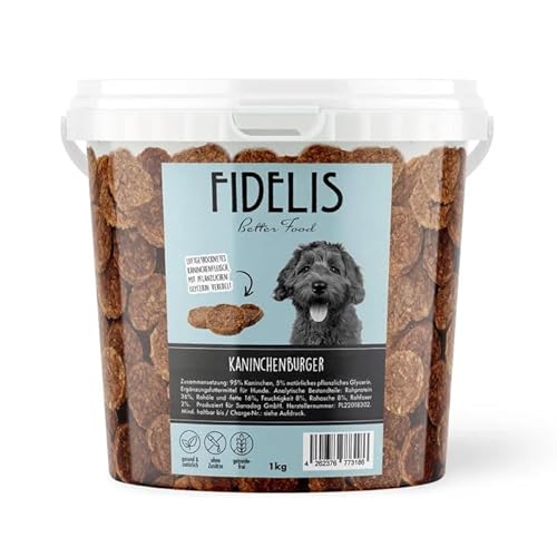 Fidelis – Kaninchenburger für Hunde im wiederverschließbarem 1kg-Eimer - Luftgetrocknete Hunde Leckerlis aus 100% natürlichen Rohstoffen von Fidelis