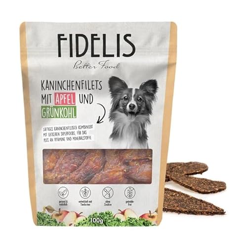 Fidelis - Kaninchenfilets Apfel & Grünkohl für Hunde 100gr - Luftgetrocknete Hunde Leckerlis aus 100% natürlichen Rohstoffen - Hunde Leckerli als Snack von Fidelis