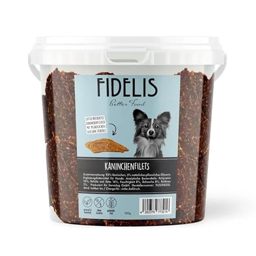 Fidelis – Kaninchenfilets für Hunde im wiederverschließbarem 500gr-Eimer - Luftgetrocknete Hunde Leckerlis aus 100% natürlichen Rohstoffen von Fidelis